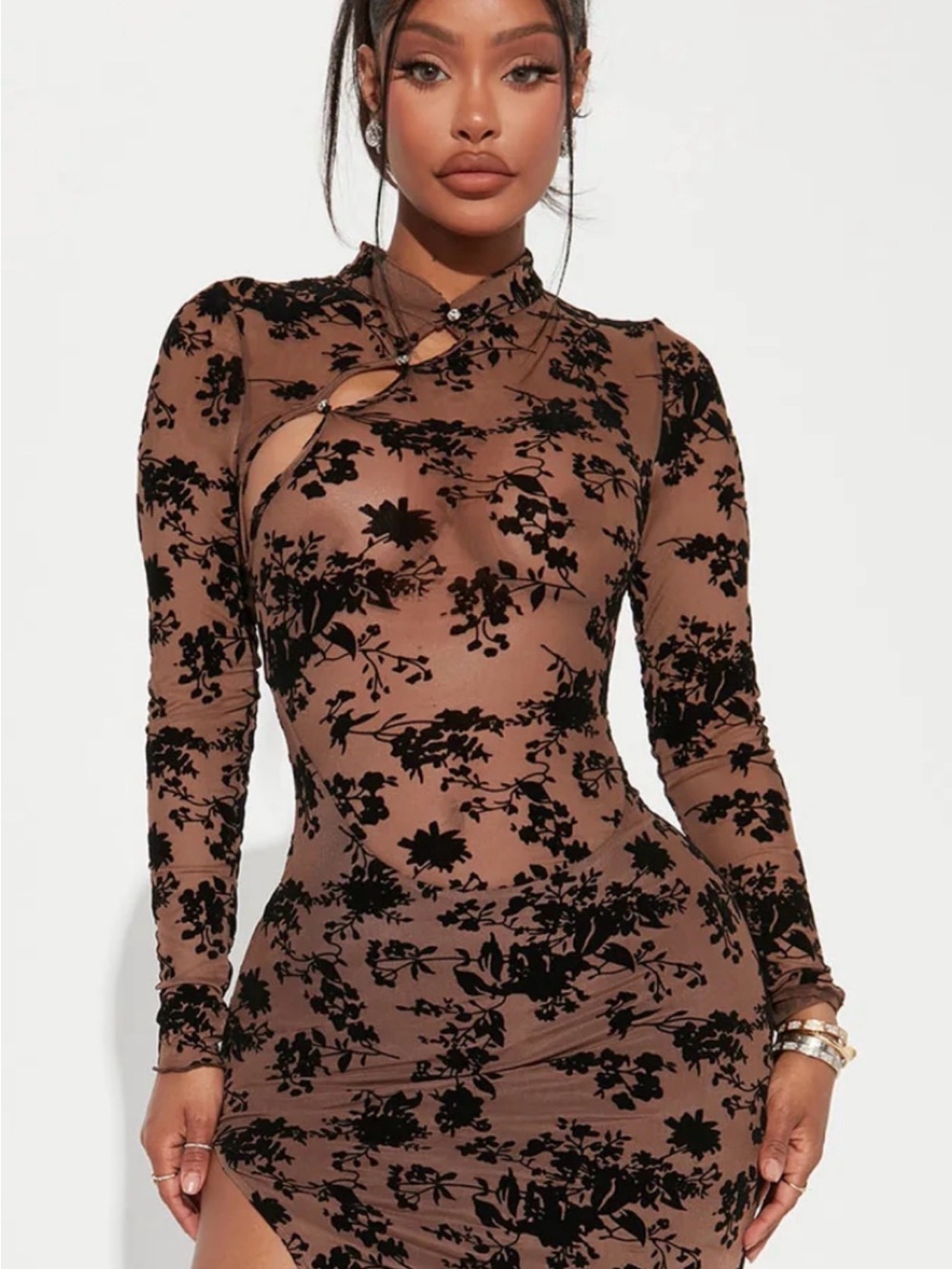 NWT Fashion Nova Raelynn Mesh Mini Dress Brown Velvet Size S